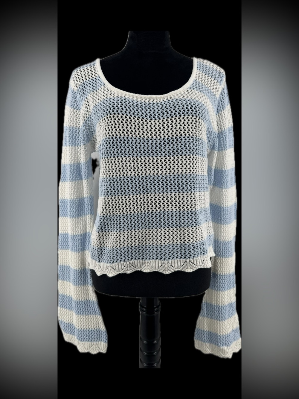 Mi Ami Francesca's Blue White Striped Open Knit Crochet Sweater Bell Sleeve L
